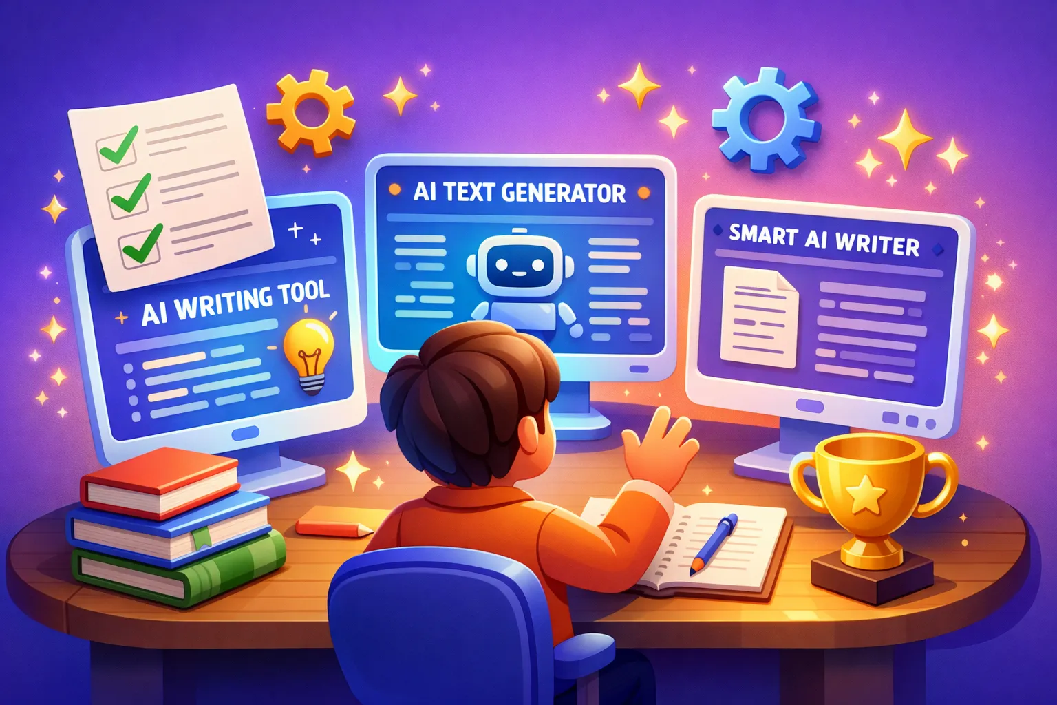 Cartoon illustration of a person comparing AI writing tools on multiple screens with checklists and books